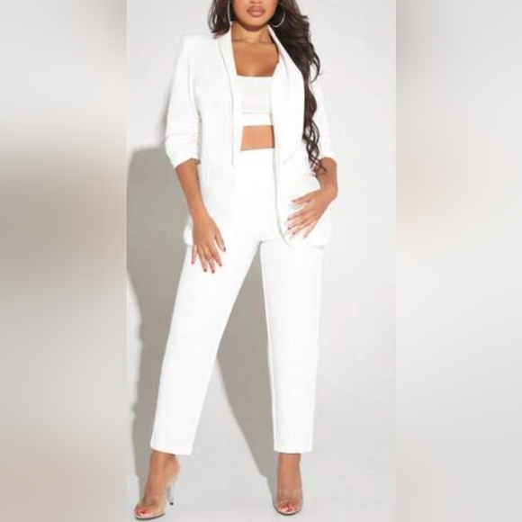 2 Piece White Ruched Sleeve Blazer Jacket Pants Set Pantsuit Suit Size Large - Picture 1 of 9